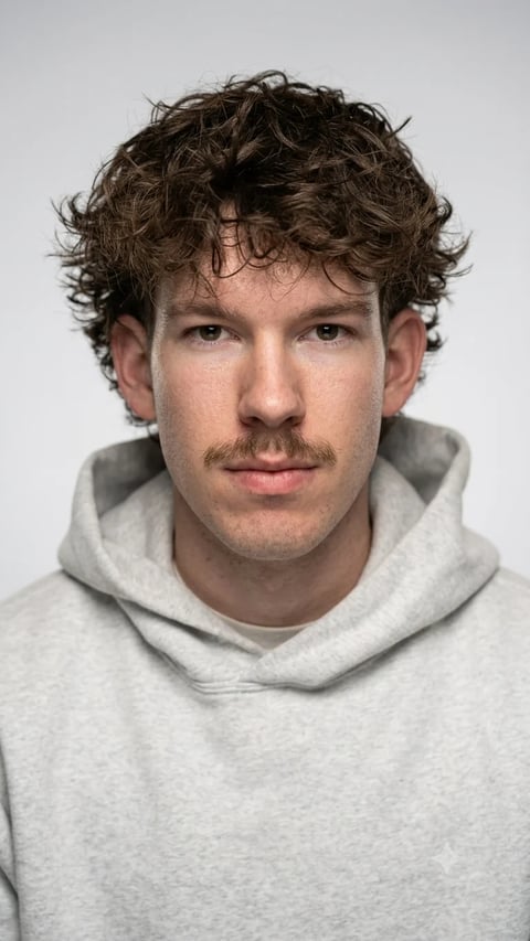 Portrait of a man with curly dark hair, mustache, wearing a light gray hoodie against a white background