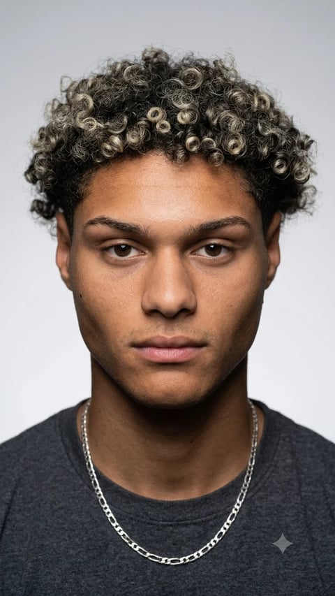 Portrait of a young man with curly dark hair styled with beads, wearing a dark t-shirt and silver chain necklace against a gray background
